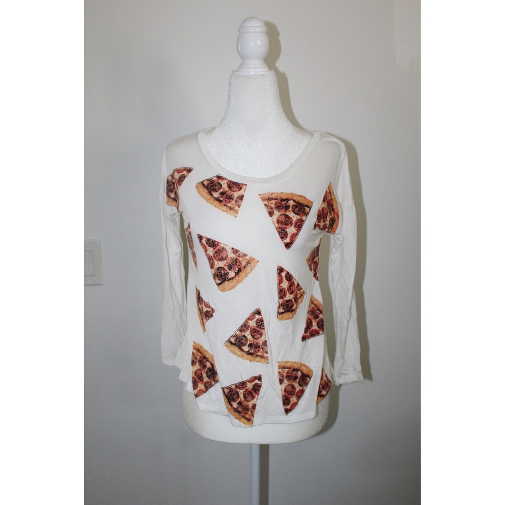 Vintage Havana Women's Pizza Slice Print Long Sleeve Scoop Neck Top White M
